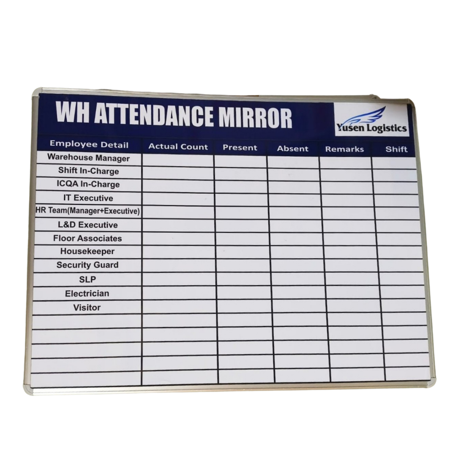 WH Attendance Mirror by Yusen Logistics displaying employee categories and columns for actual count, present, absent, remarks, and shift.