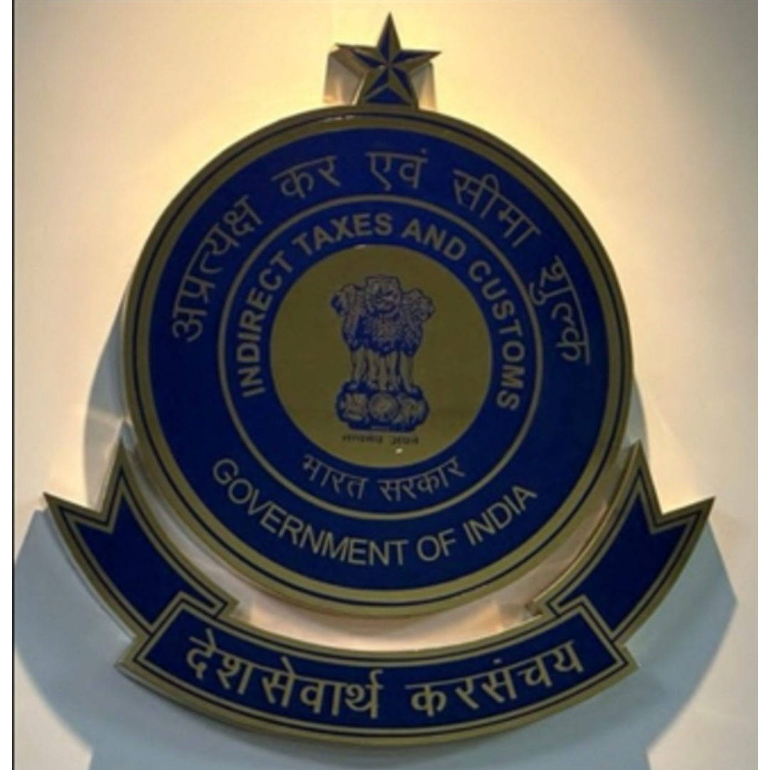 Blue-and-gold emblem of the Government of India’s Indirect Taxes and Customs department, featuring the Ashoka Lion Capital and Hindi and English lettering.