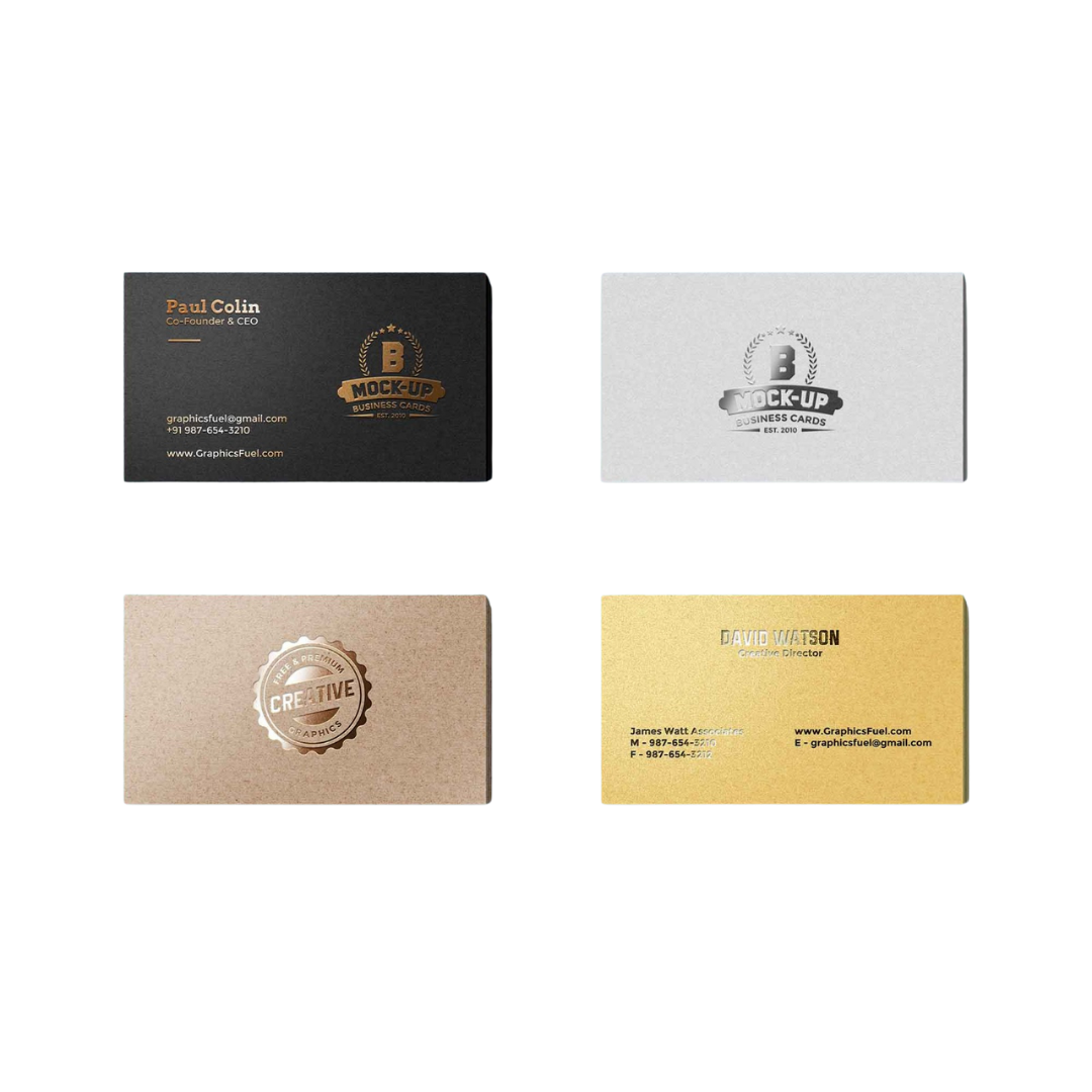 Collection of premium business card designs in black, white, kraft, and gold finishes, manufactured by Elite Writing & Display