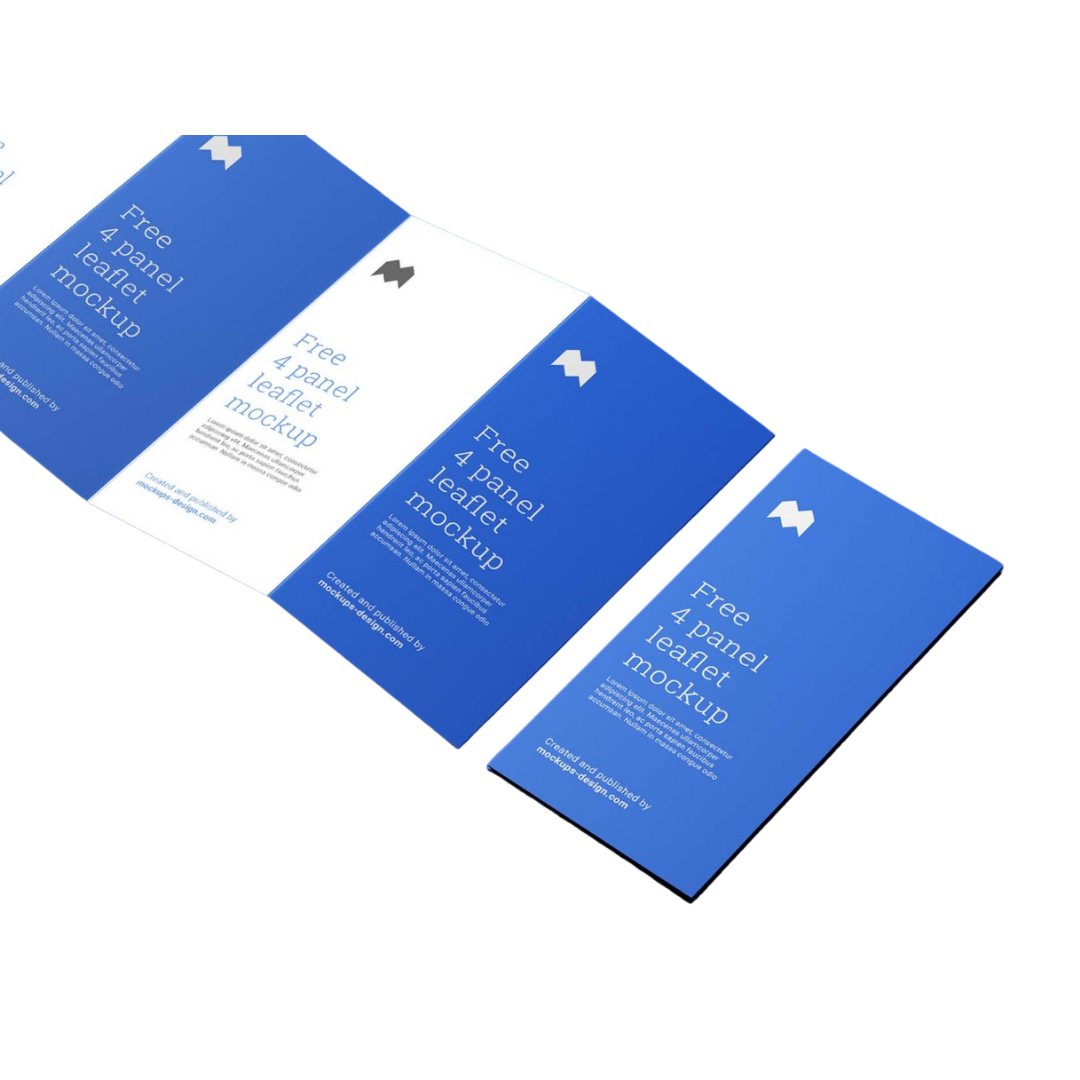 Blue four-panel leaflet mockup displayed in an unfolded layout, manufactured by Elite Writing & Display