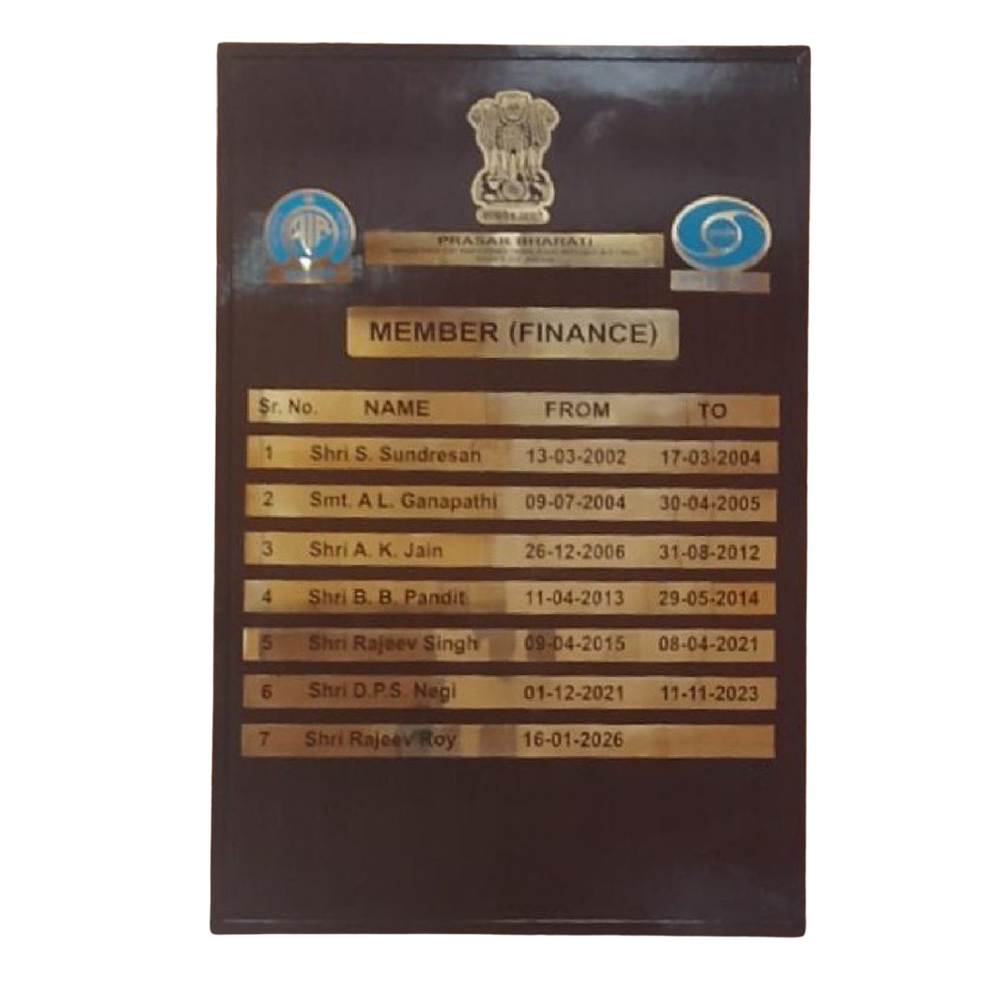 Member (Finance) board displaying the names and tenure dates of finance members.