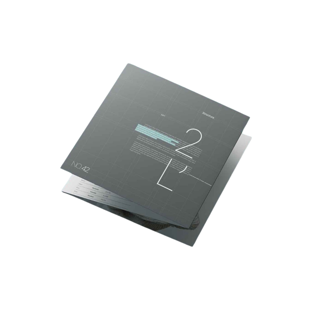 Modern gray brochure or booklet mockup with layered pages, geometric layout, and minimalist typography, manufactured by Elite Writing & Display