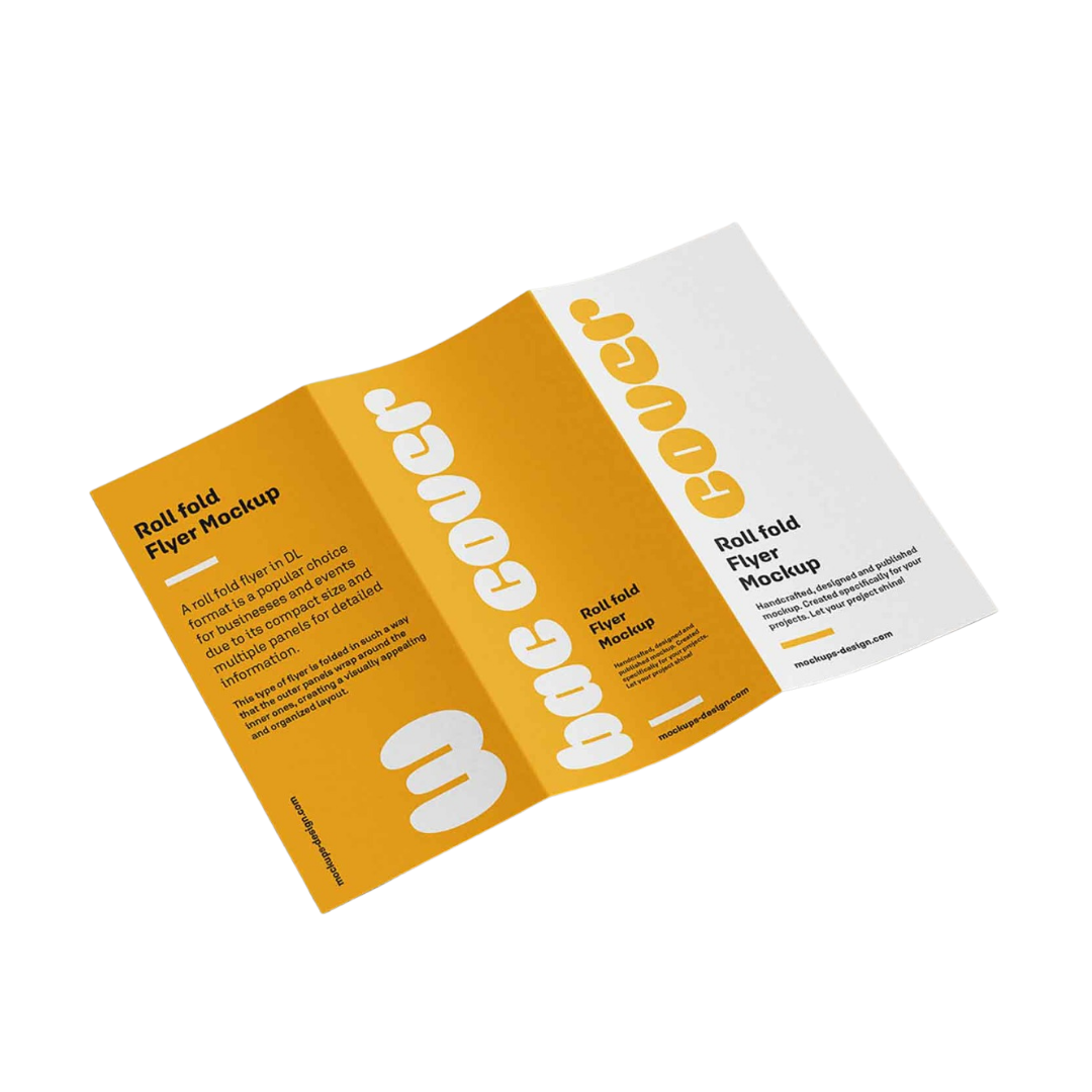 Yellow and white roll-fold flyer mockup displayed at an angle, featuring a modern three-panel design, manufactured by Elite Writing & Display