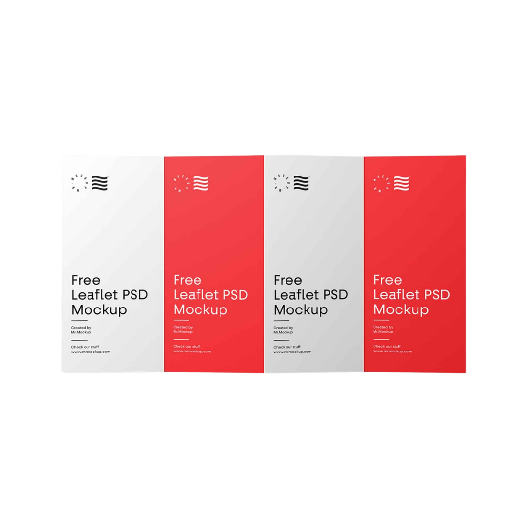 Red and white four-panel leaflet mockup displayed flat, featuring alternating color panels and modern typography, manufactured by Elite Writing & Display