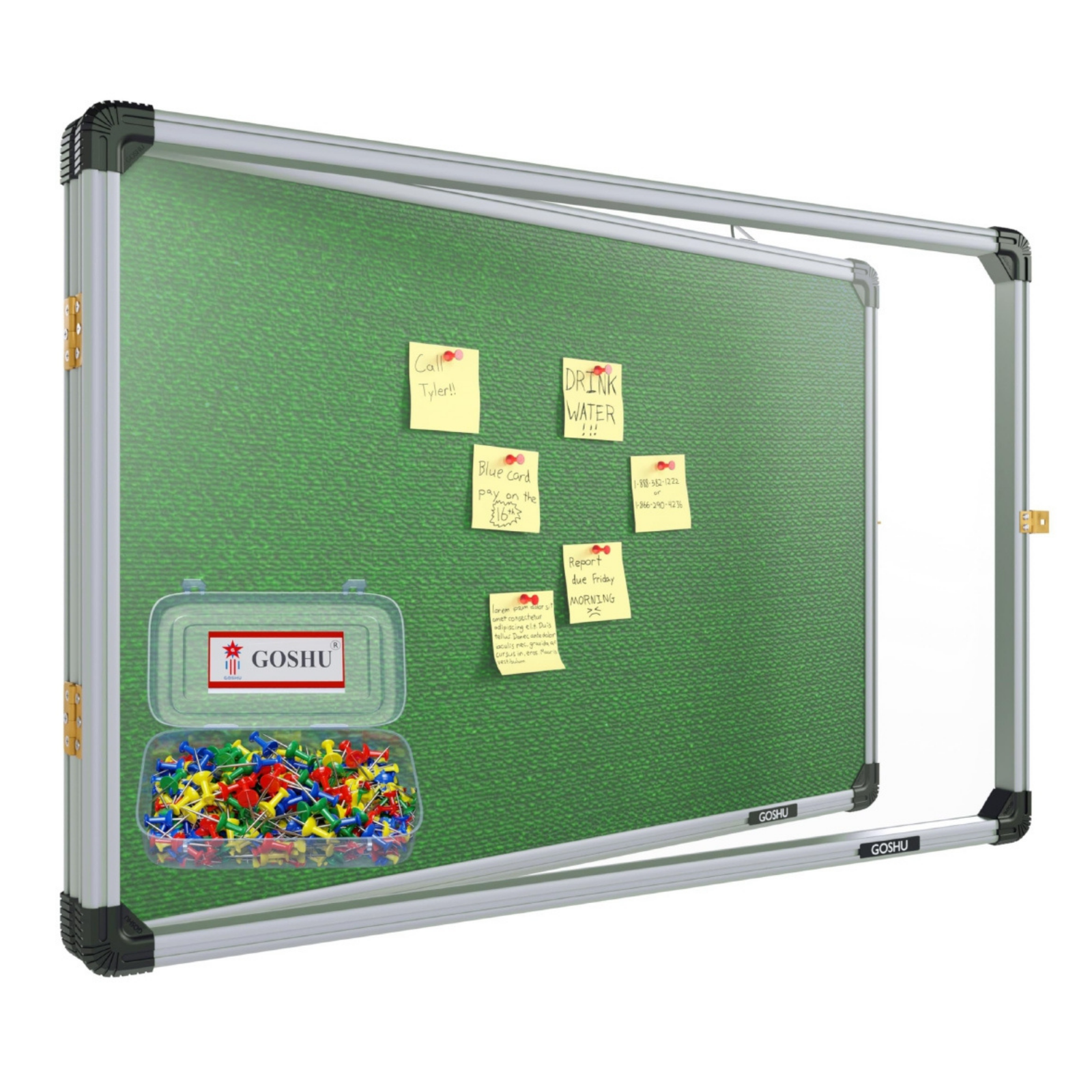 Lockable green fabric notice board with aluminium frame and hinged glass door manufactured by Elite Writing & Display for schools, offices, hospitals, and public institutions.