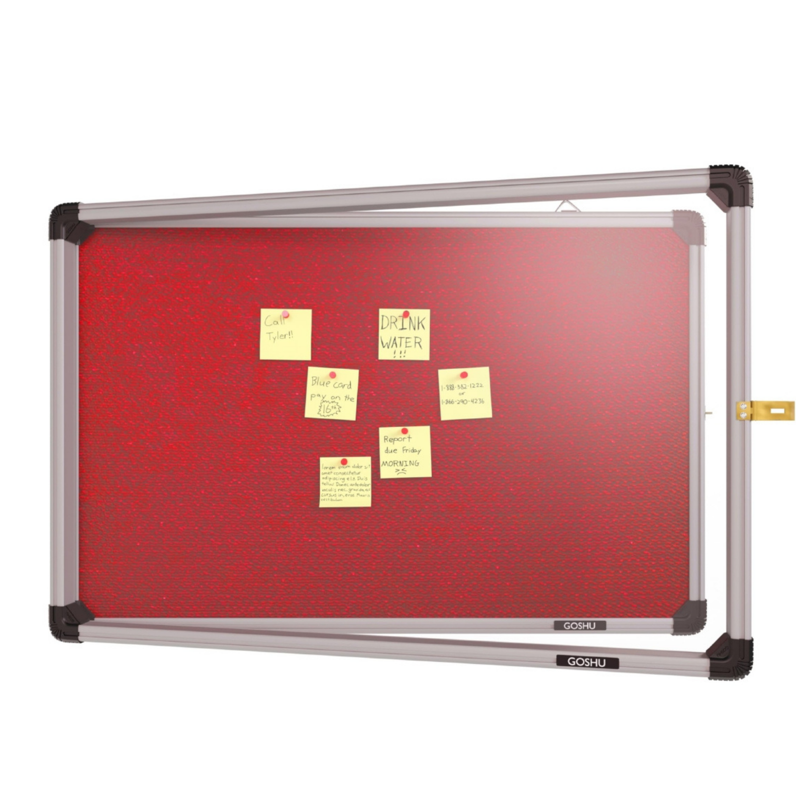 Lockable red fabric notice board with aluminium frame and hinged glass door manufactured by Elite Writing & Display for schools, offices, hospitals, and public institutions.
