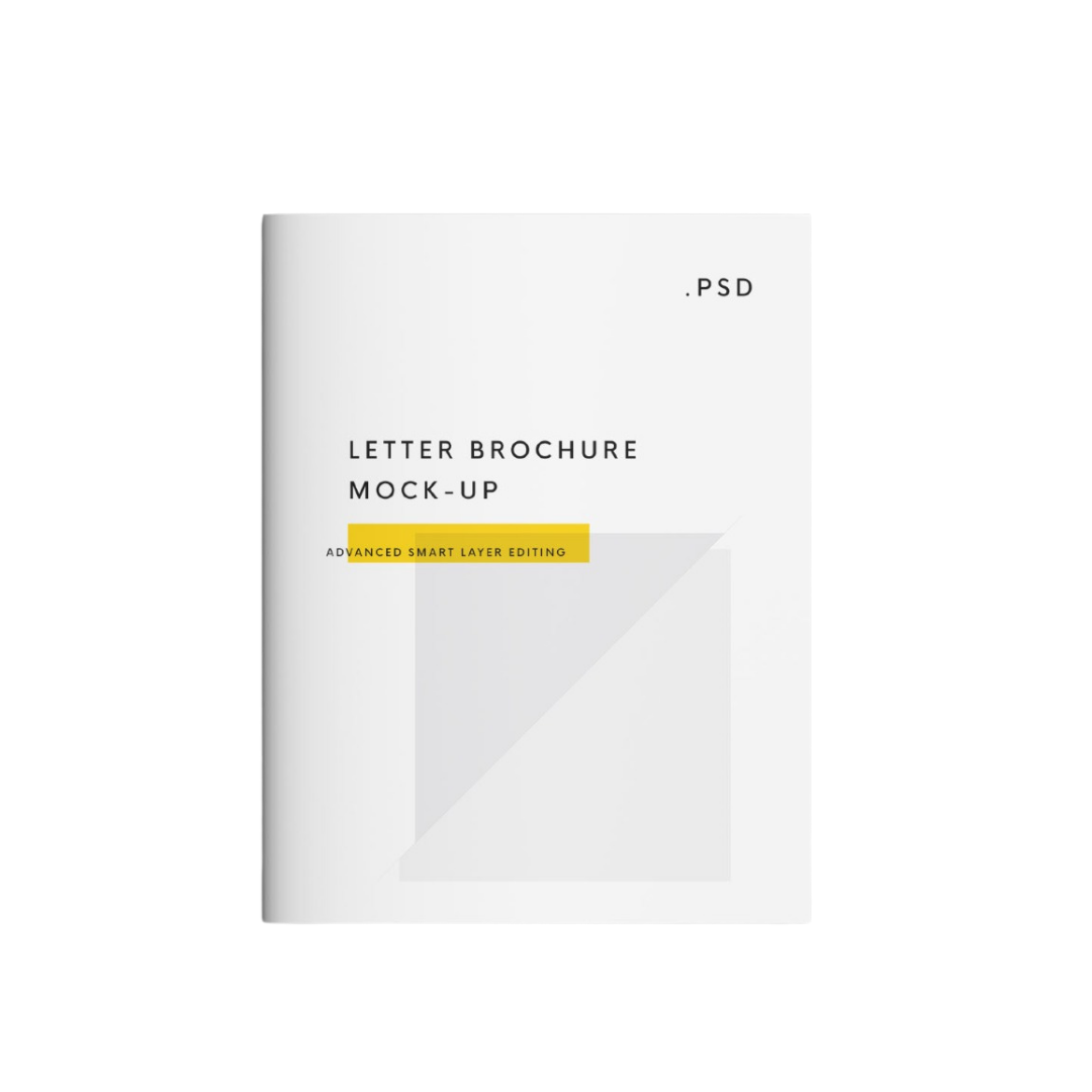 Minimalist white letter brochure mockup with black typography, yellow accent bar, and geometric design, manufactured by Elite Writing & Display
