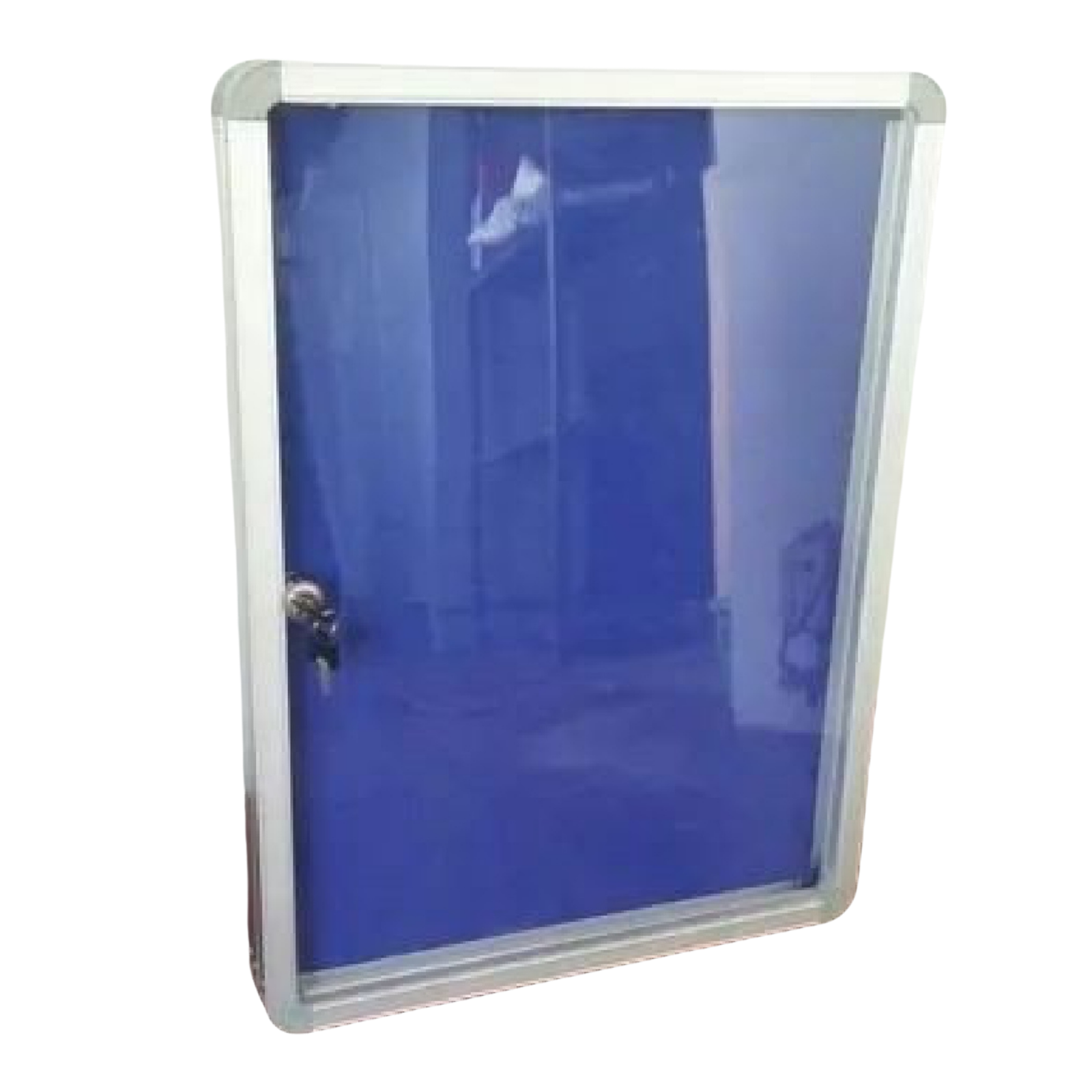 Blue fabric single door lockable notice board with aluminium frame and glass door manufactured by Elite Writing & Display for schools, offices, hospitals, and public institutions.