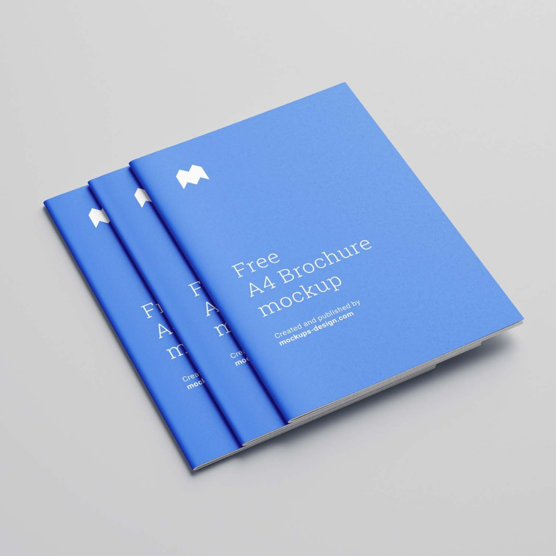 Three blue A4 brochure mockups arranged in an overlapping stack