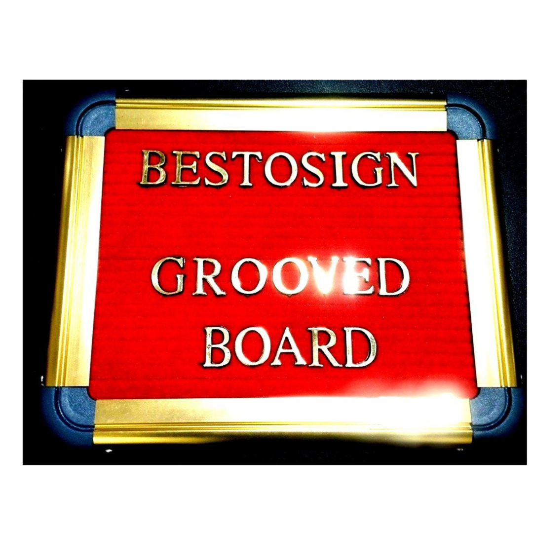 Red Bestosign grooved board with gold and blue decorative frame and raised lettering