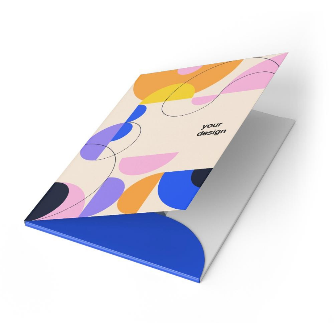 Open brochure mockup with colorful abstract design on a white background