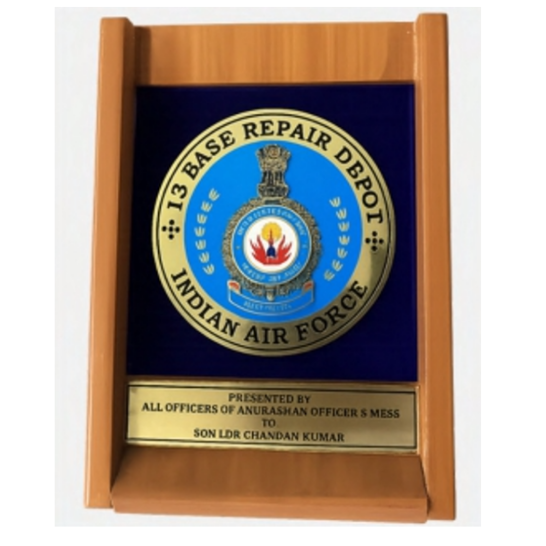 Wooden plaque featuring the Indian Air Force 13 Base Repair Depot emblem and a presentation message to Son Ldr Chandan Kumar