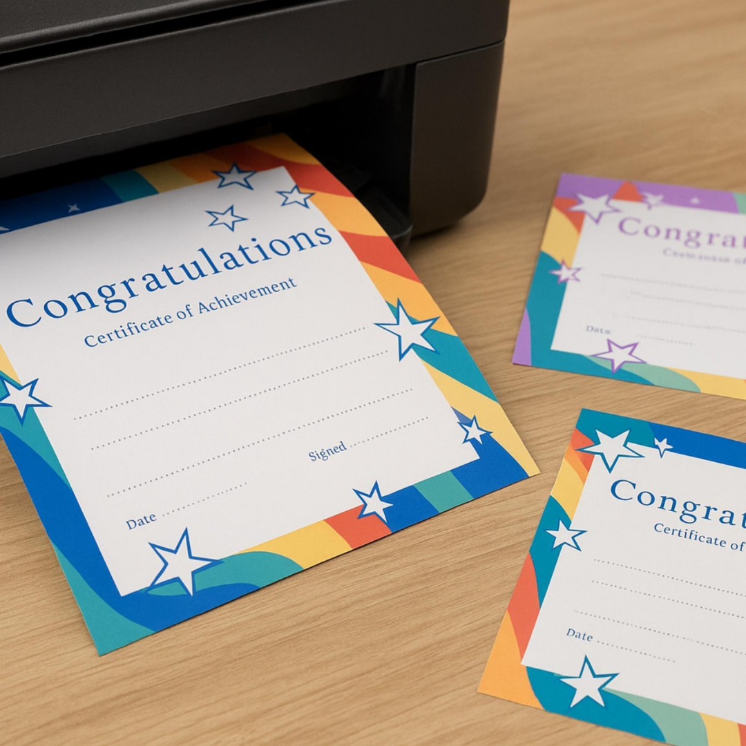 Colorful “Congratulations” achievement certificates on a wooden desk beside a printer
