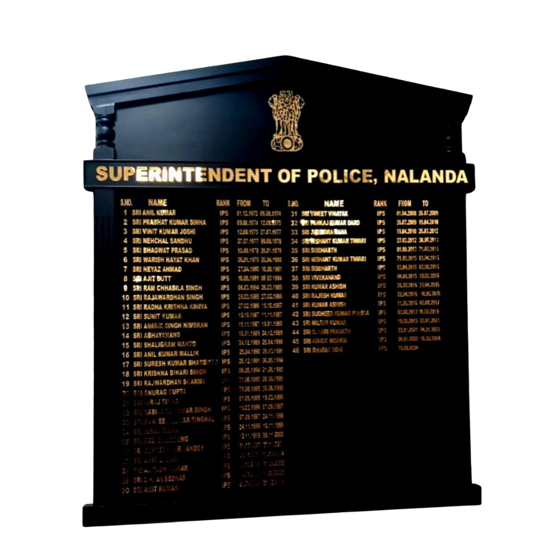 Black wooden Superintendent of Police, Nalanda honor board by Elite Writing & Display, featuring the Indian national emblem and officer service details.