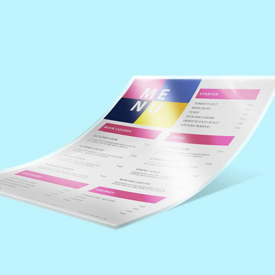 Curved restaurant menu mockup with colorful sections on a blue background
