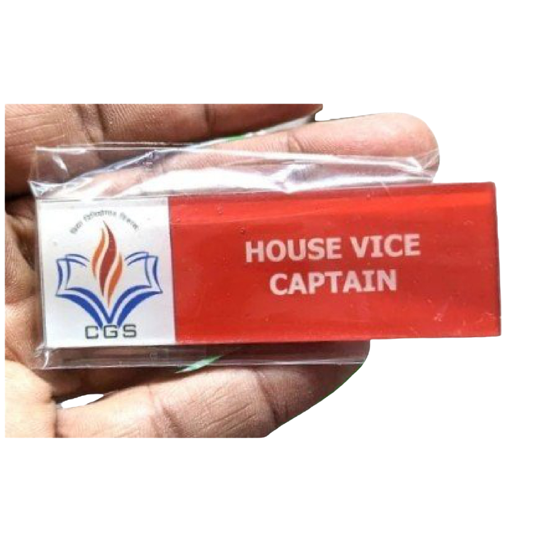 Red customized House Vice Captain badge with school logo and white lettering