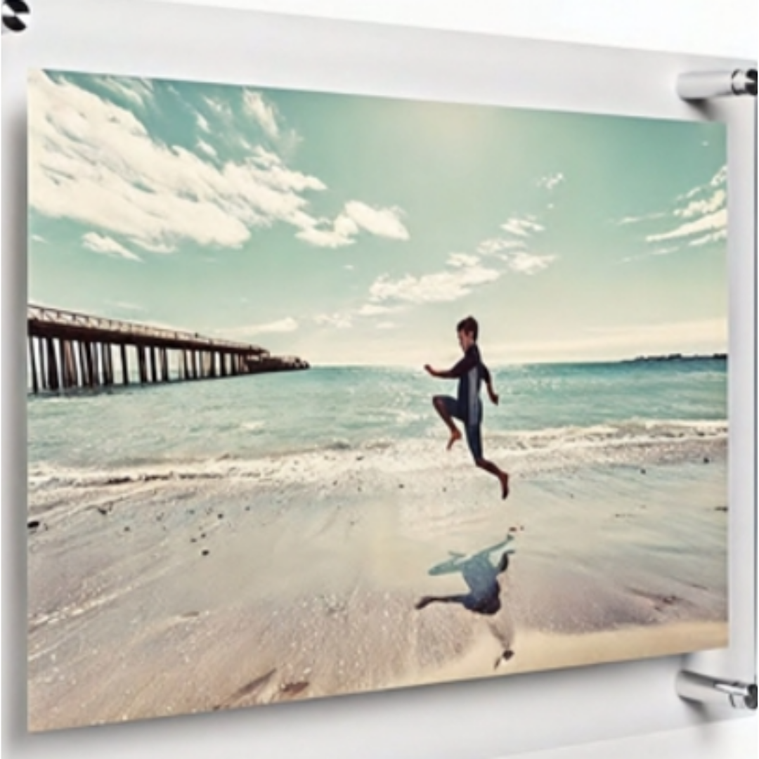 Custom beach photo glass display frame featuring a person jumping on the beach