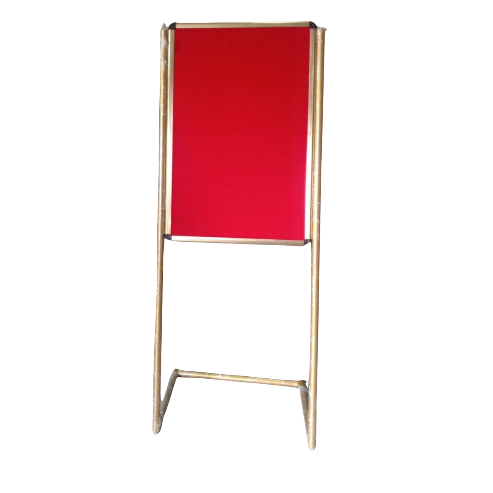 Portable red fabric pin-up display board with aluminium frame and metal stand manufactured by Elite Writing & Display for exhibitions, schools, offices, and conferences.