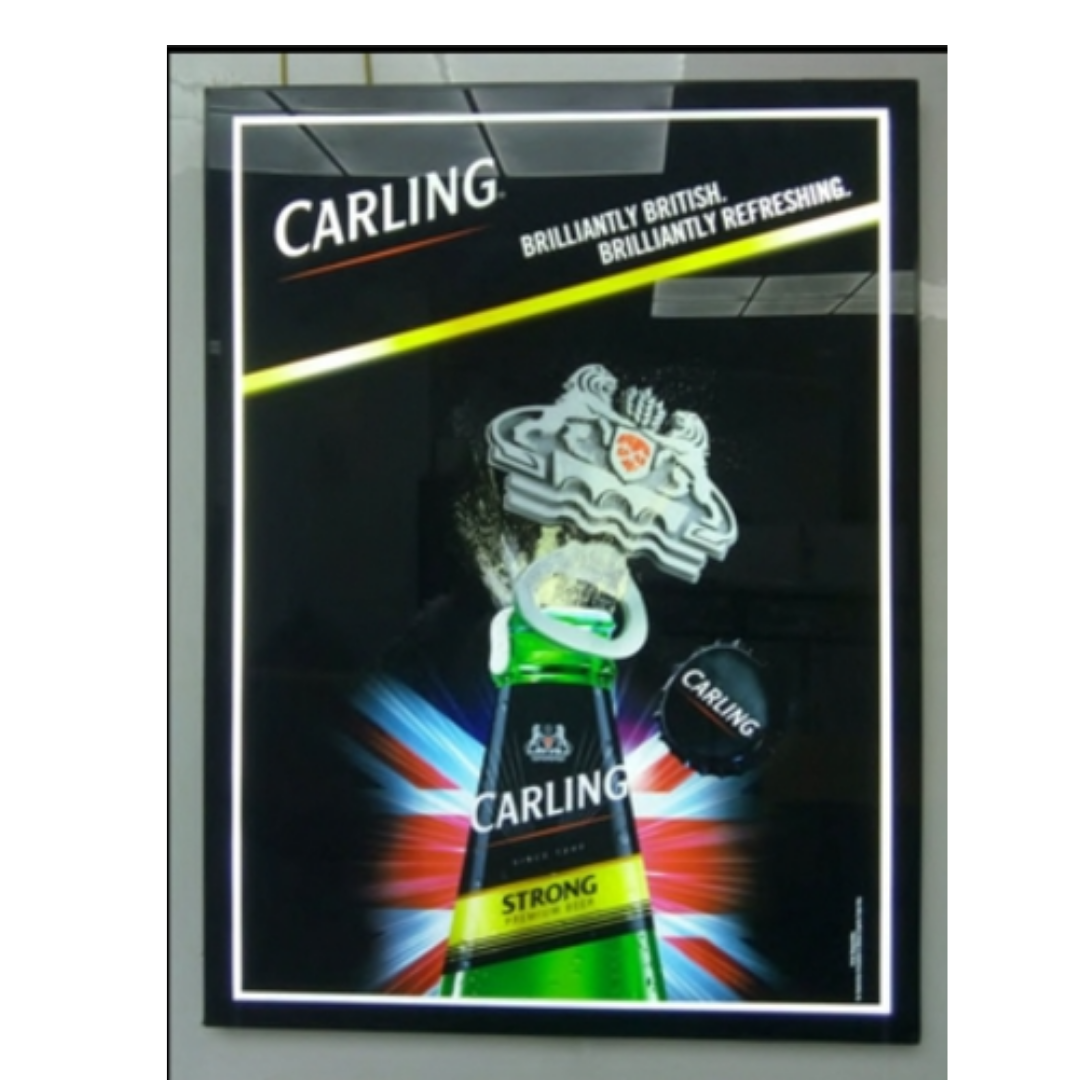 Custom Carling beverage promotional display frame featuring branded bottle artwork