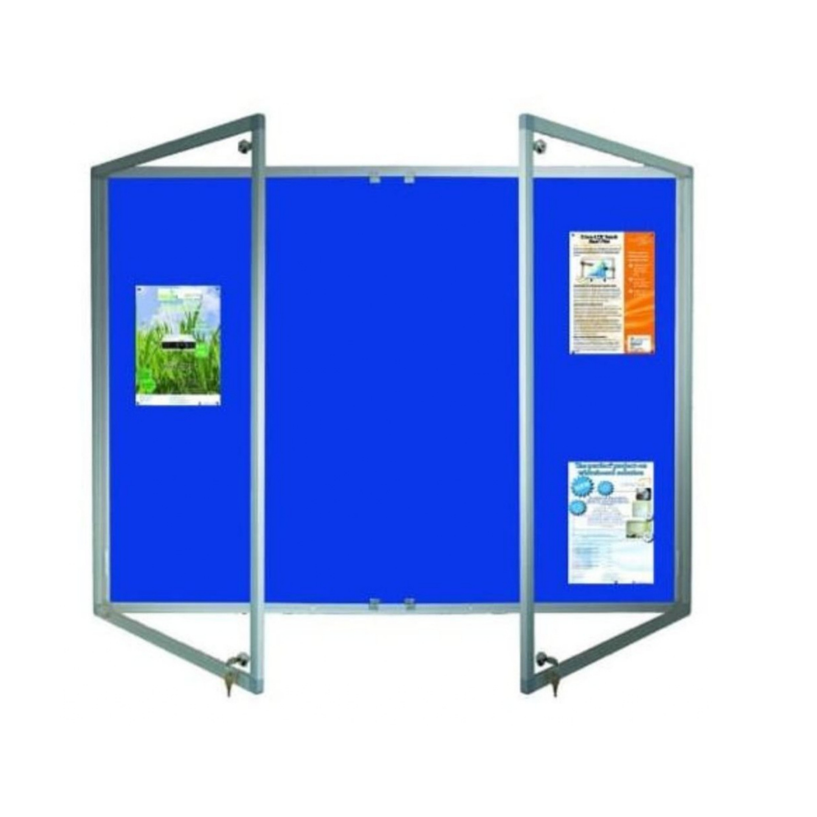 Triple door blue fabric lockable notice board with aluminium frame manufactured by Elite Writing & Display for schools, offices, colleges, hospitals, and government organizations.