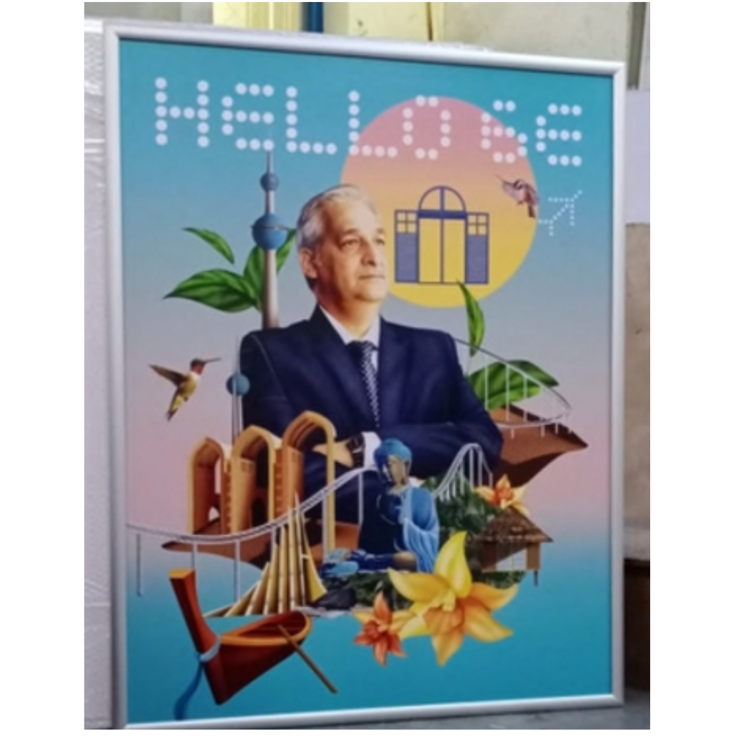 Custom framed corporate portrait display with artistic cityscape, nature and architectural design