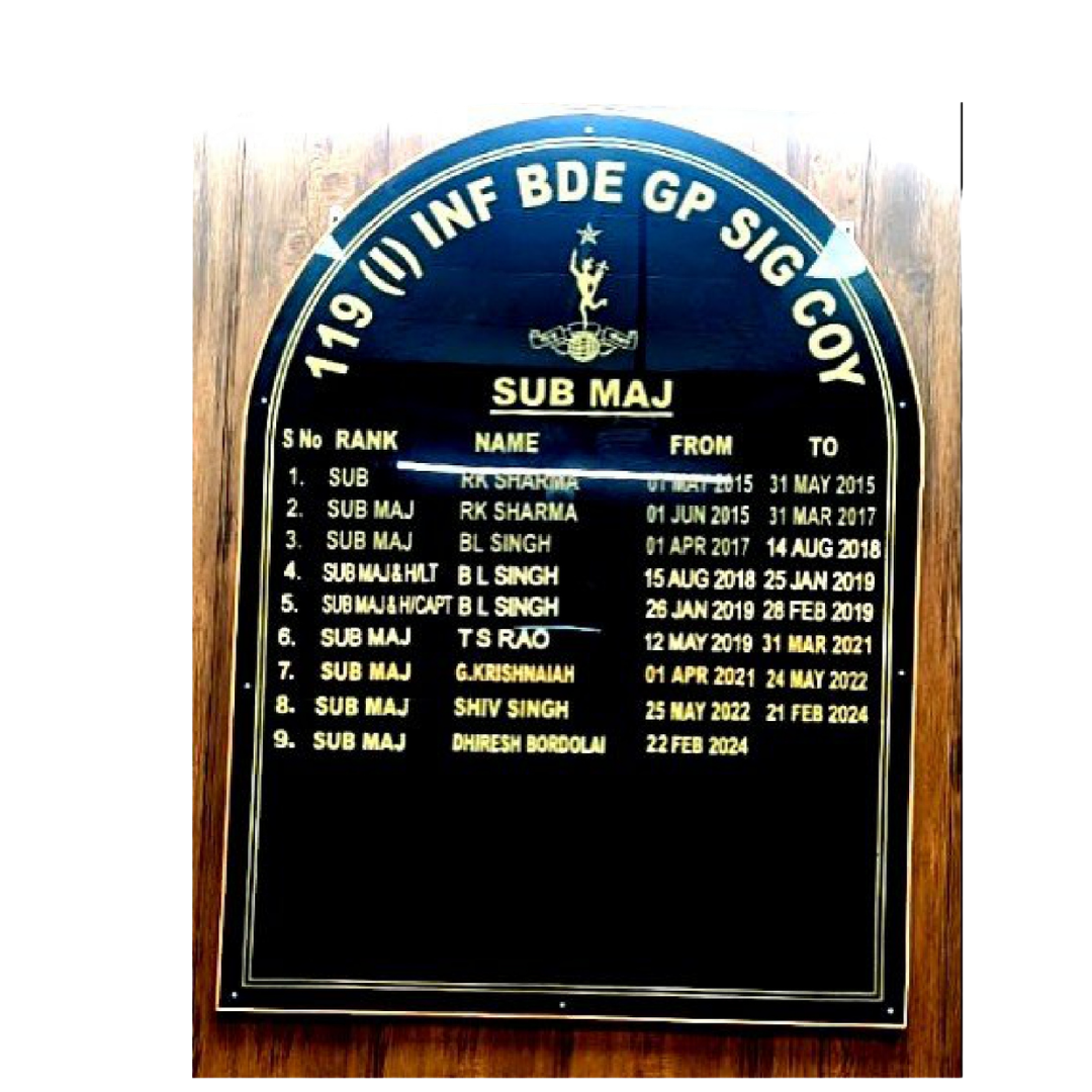 Wooden honor board displaying the Sub Majors of 119 Infantry Brigade Group Signal Company with ranks, names, and service dates.
