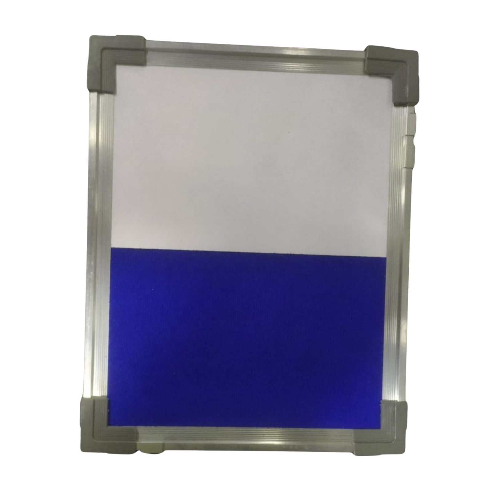 Elite Writing & Display mini combination board with a magnetic whiteboard top and blue fabric notice board bottom in an aluminium frame.
