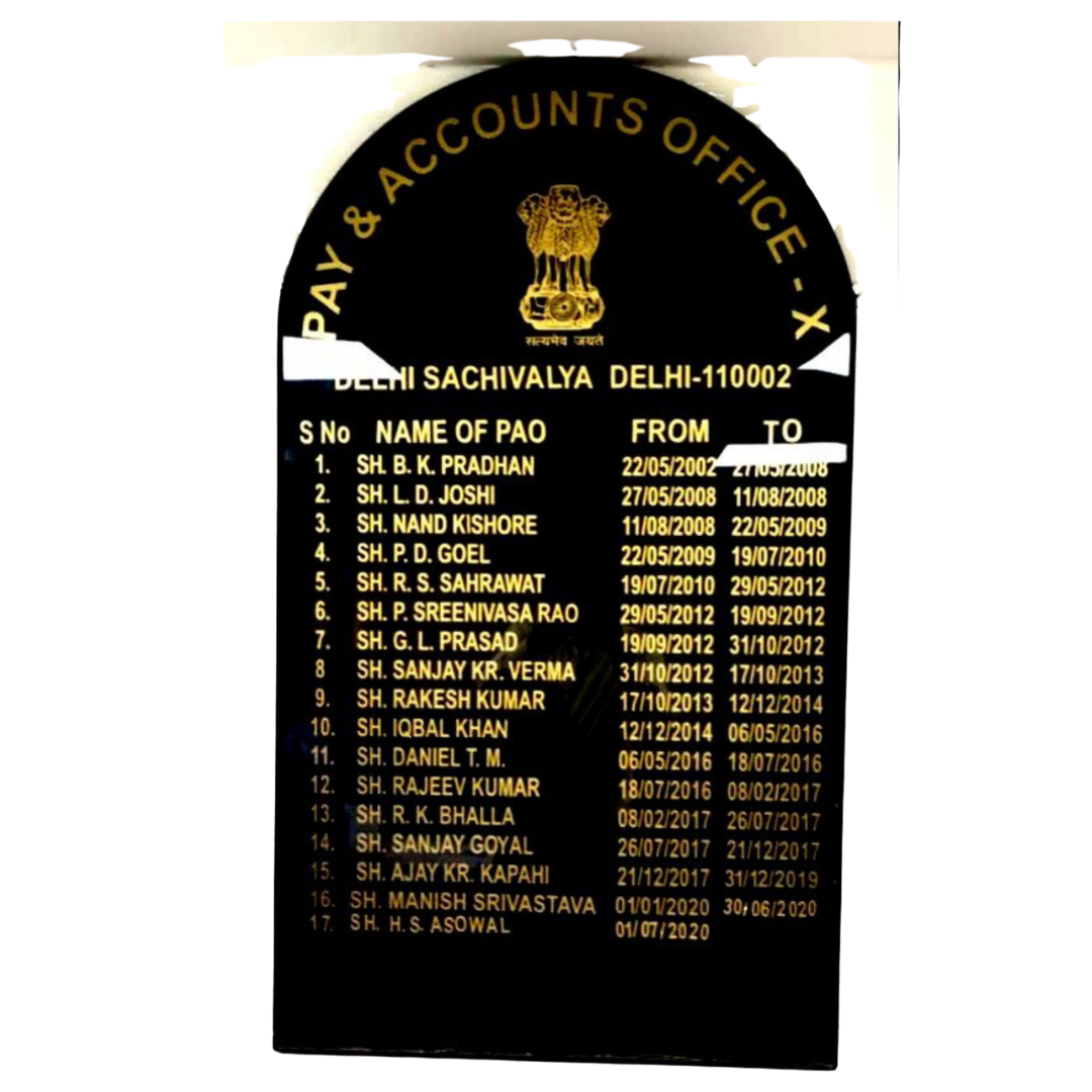 Custom black Pay and Accounts Office honor board displaying PAO names and service dates by Elite Writing & Display