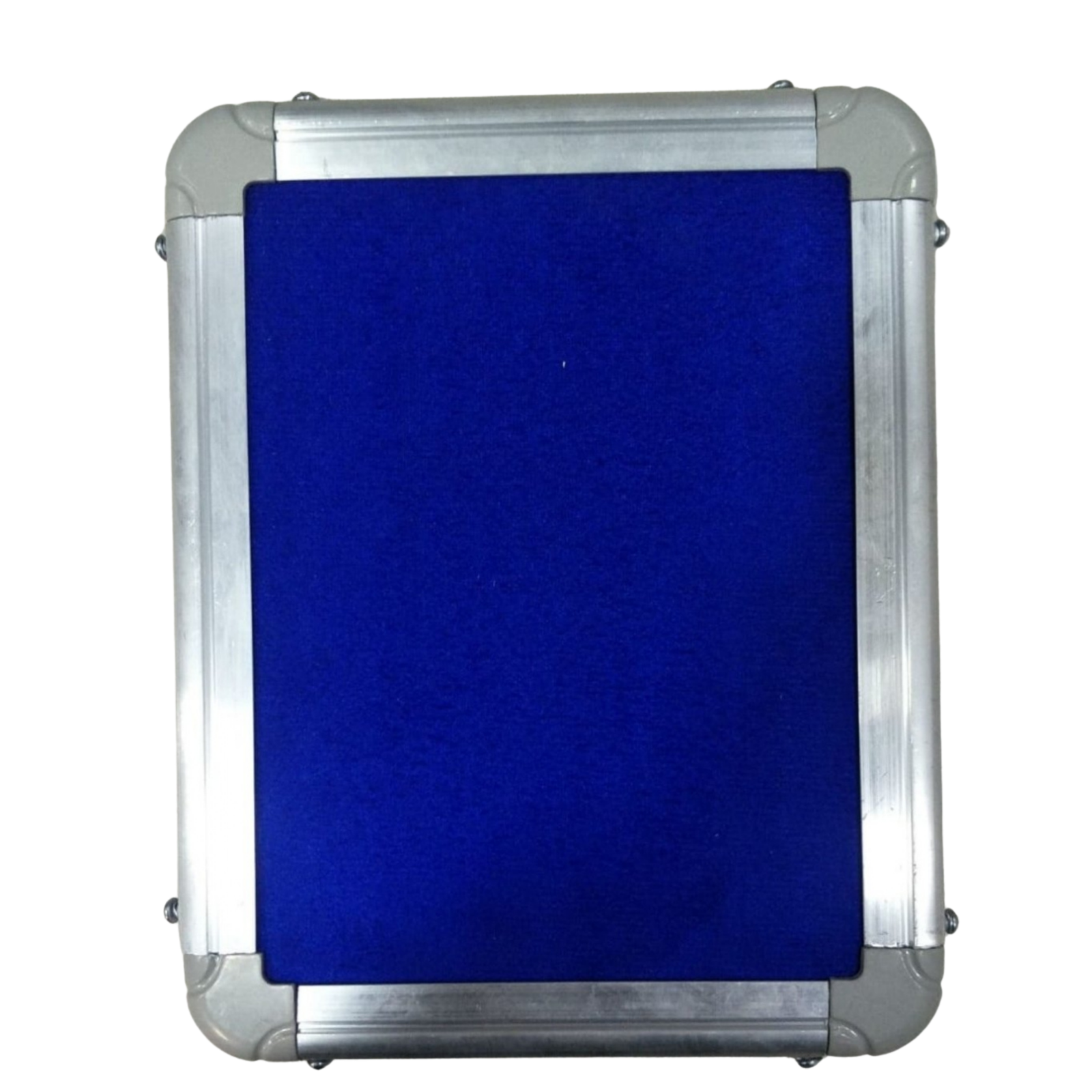 Elite Writing & Display blue lockable notice board with a fabric display surface and rounded aluminium frame corners for secure wall-mounted announcements.