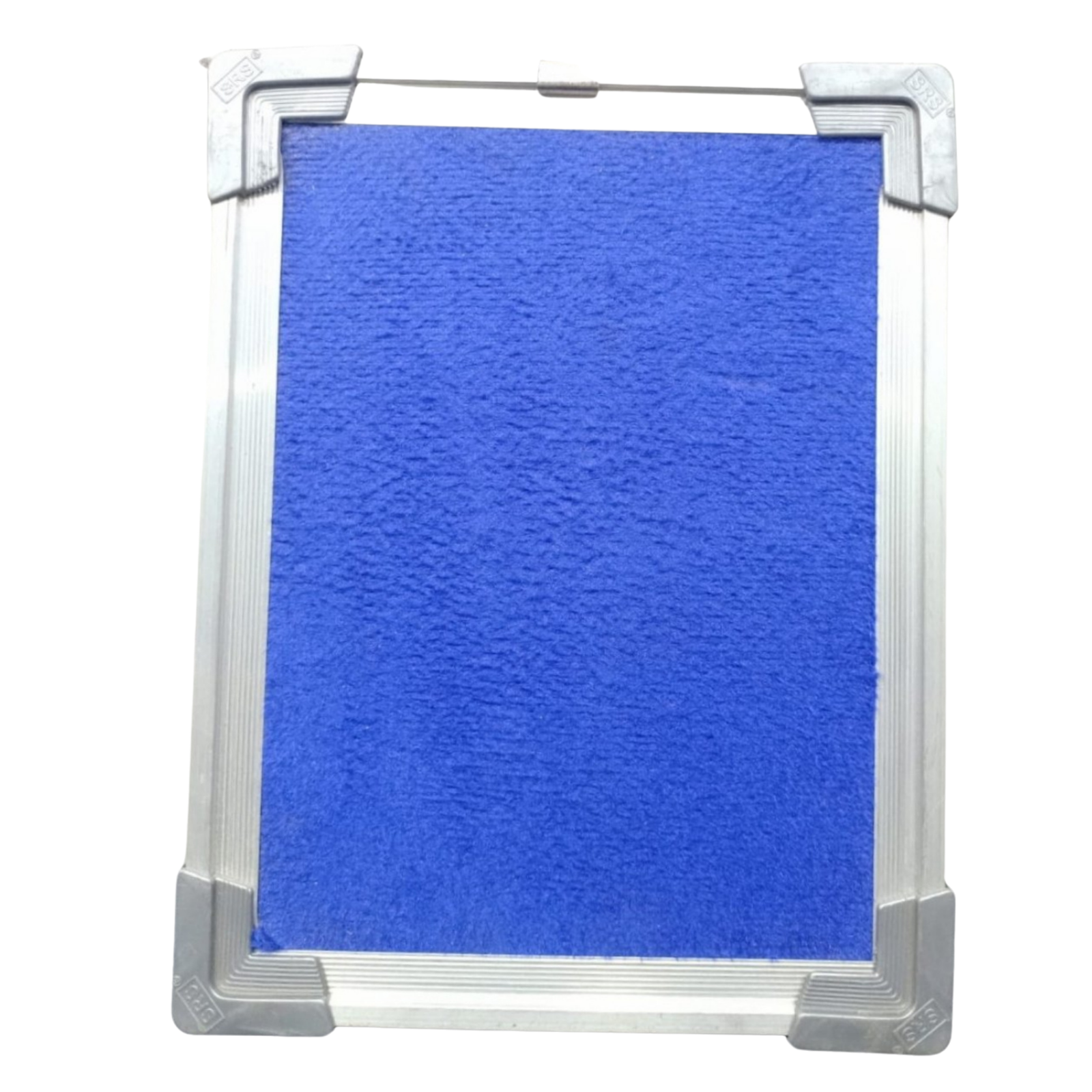 Elite Writing & Display compact blue fabric notice board with a durable silver aluminium frame and reinforced corner protectors for wall-mounted document display.
