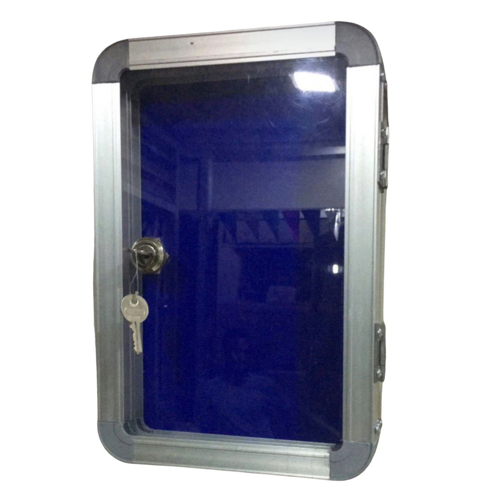 Lockable aluminium key cabinet with blue door and secure lock manufactured by Elite Writing & Display for offices, hotels, schools, hospitals, and commercial facilities.