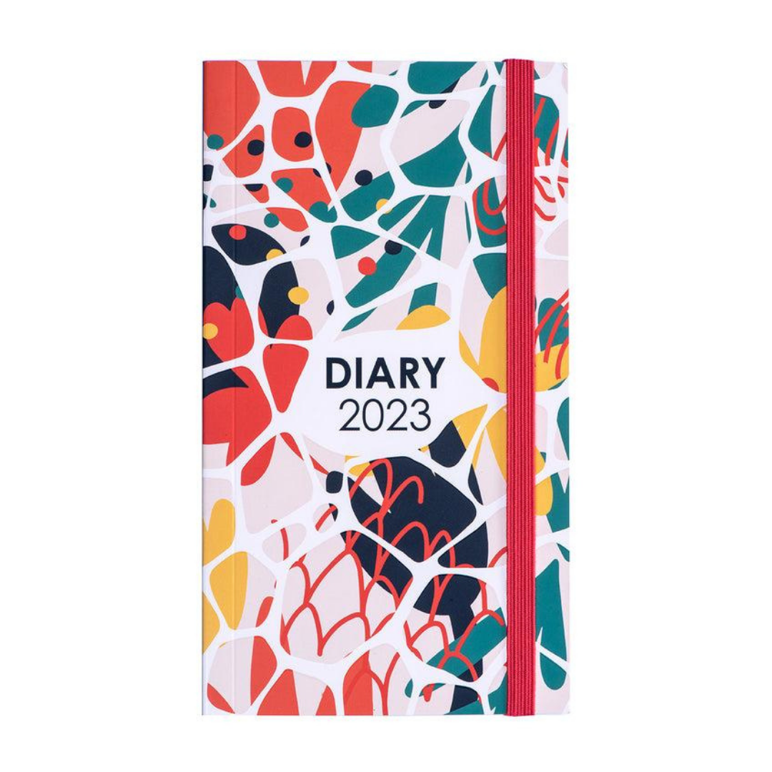 Colorful abstract 2023 diary notebook with geometric pattern and red elastic band