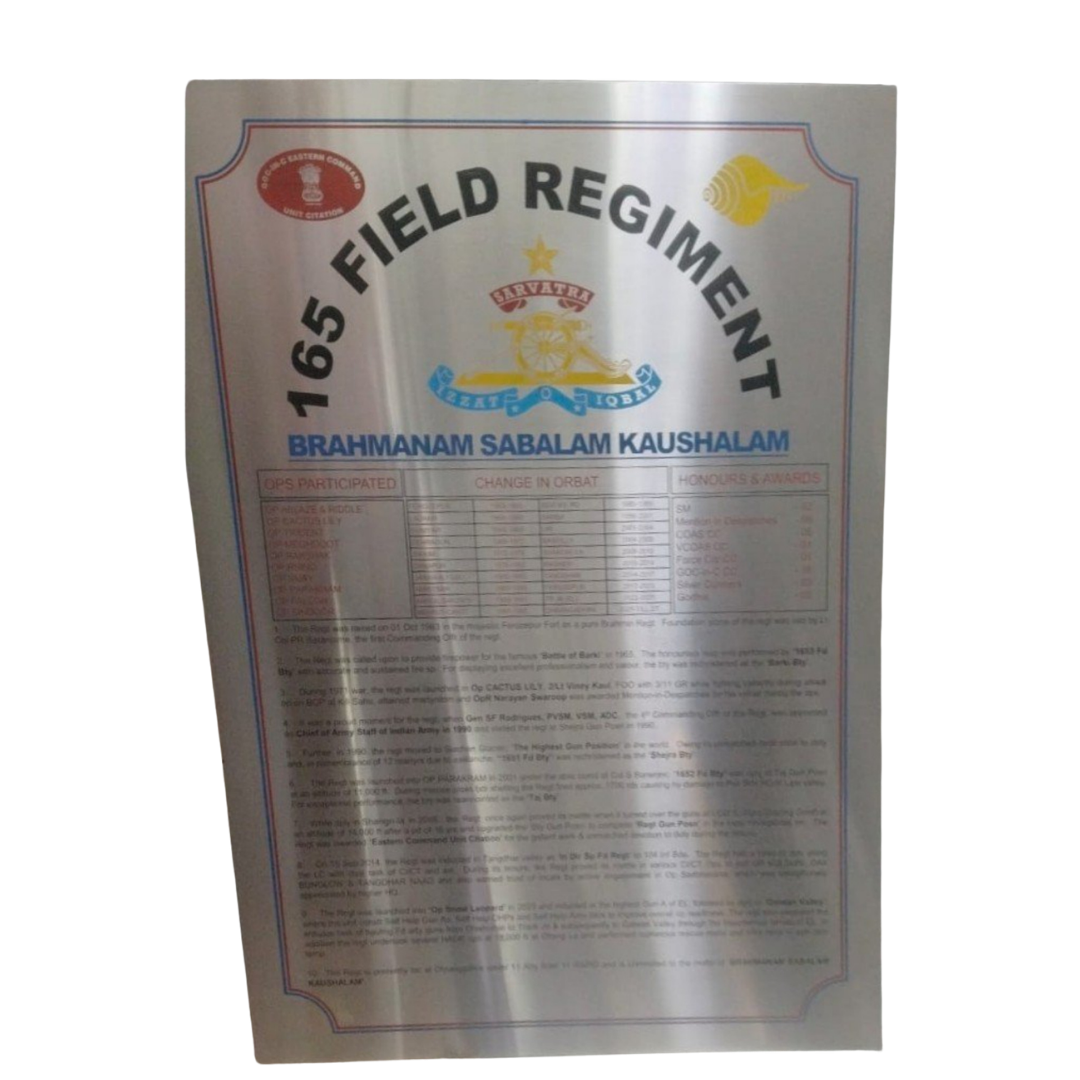 165 Field Regiment Brahmanam Sabalam Kaushalam military display and honours board