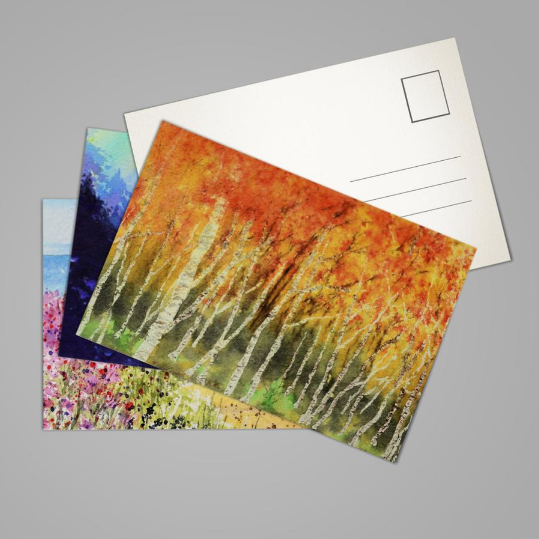 Three artistic postcards featuring colorful watercolor paintings of trees and abstract landscapes