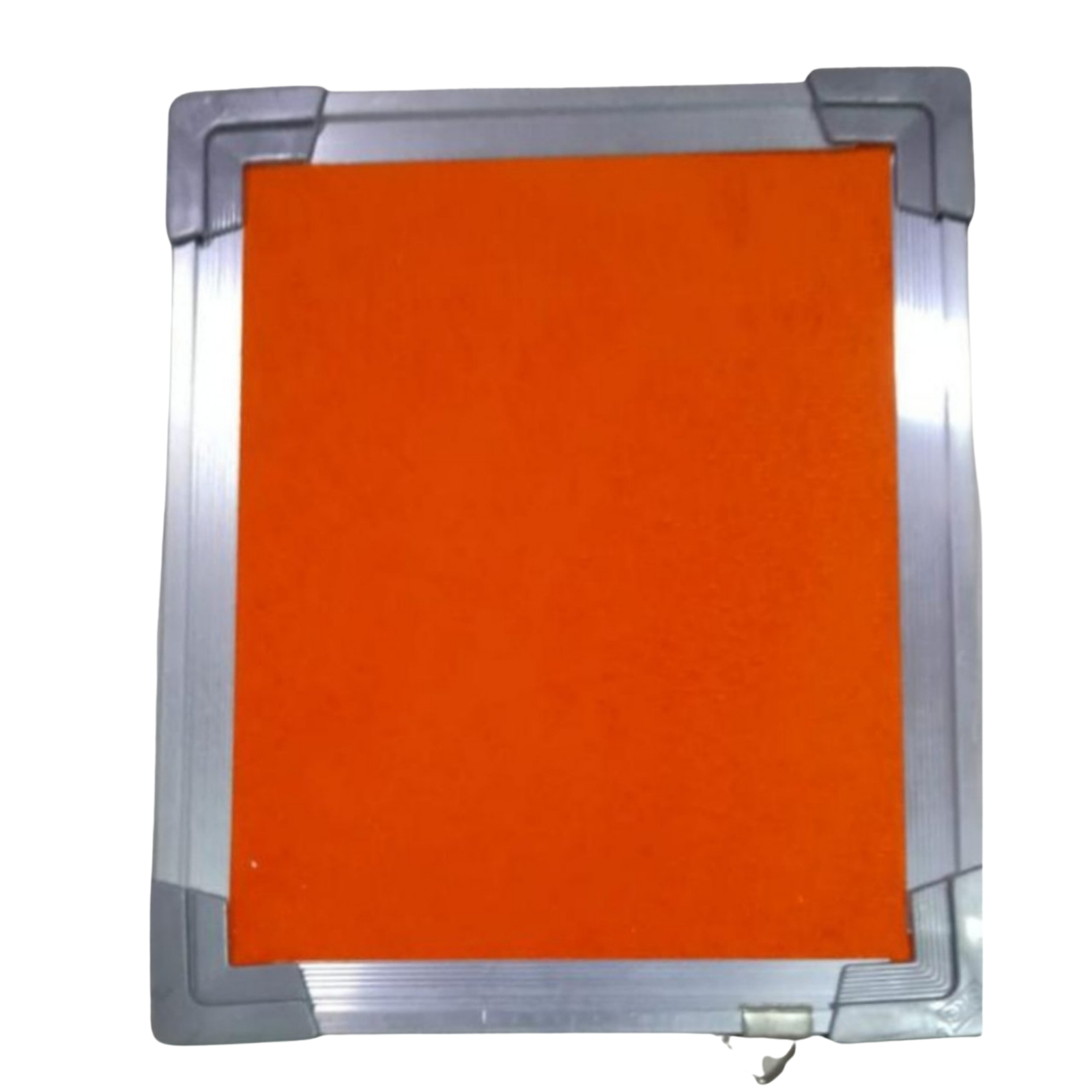 Elite Writing & Display orange fabric notice board with a silver aluminium frame and reinforced grey corner caps for wall-mounted office and classroom displays.
