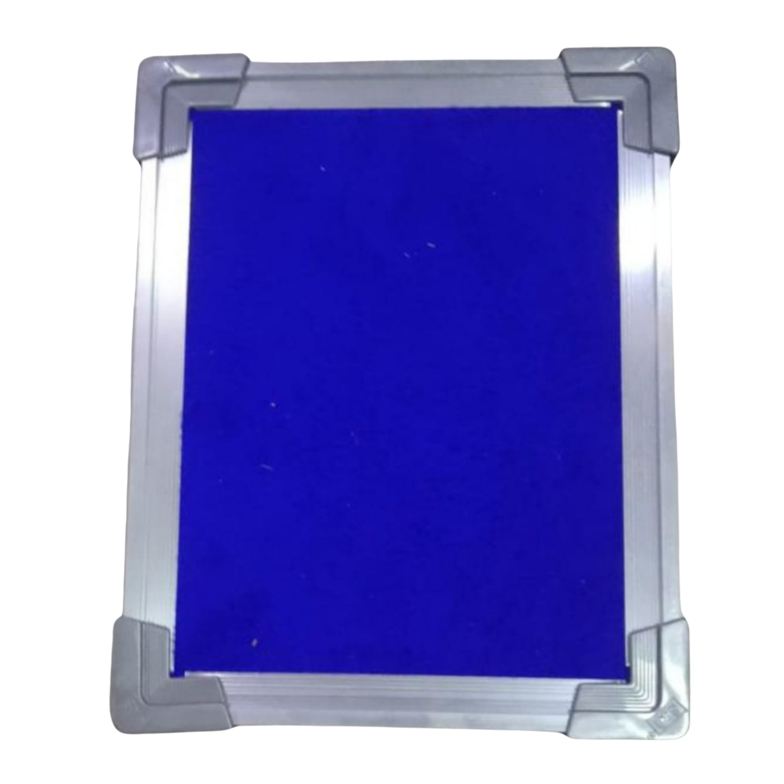 Elite Writing & Display blue fabric notice board with a silver aluminium frame and reinforced grey corner caps for wall-mounted office, school, and classroom displays.