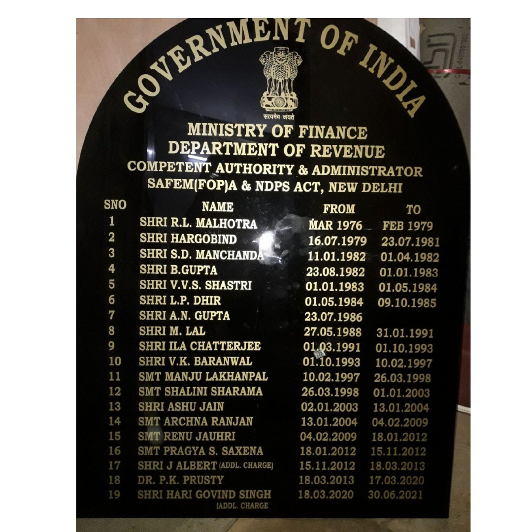 Government of India Ministry of Finance Department of Revenue Competent Authority and Administrator office honor board