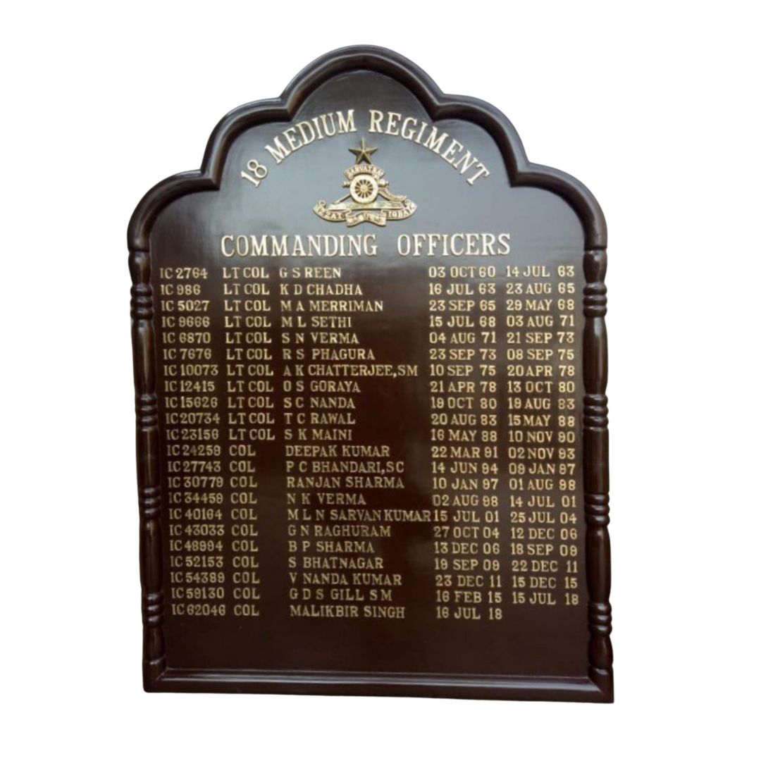 18 Medium Regiment commanding officers commemorative wooden honor board with military insignia