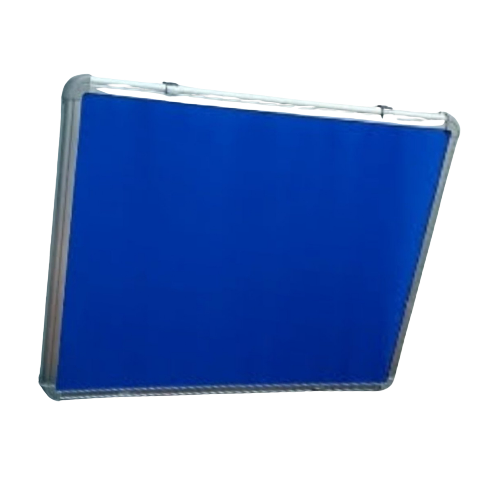 Elite Writing & Display blue fabric notice board with a rounded aluminium frame and hanging clips for wall-mounted office, school, and classroom displays.