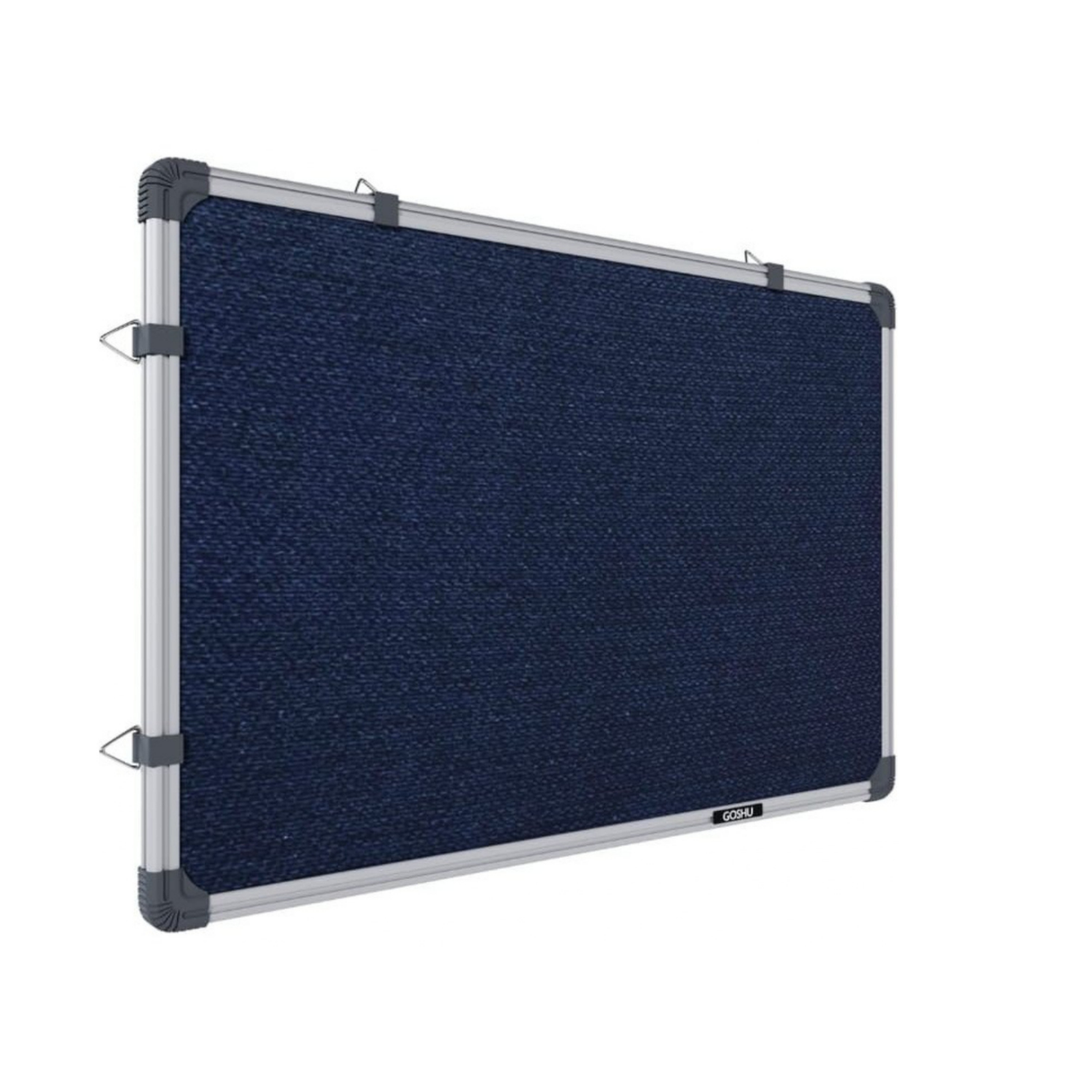 Elite Writing & Display large blue fabric notice board with a silver aluminium frame, rounded black corner caps, and wall-mount hanging clips for office, school, and classroom displays.