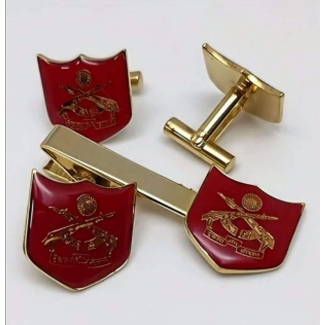 Gold-tone military cufflinks with red enamel shield insignia and engraved emblem