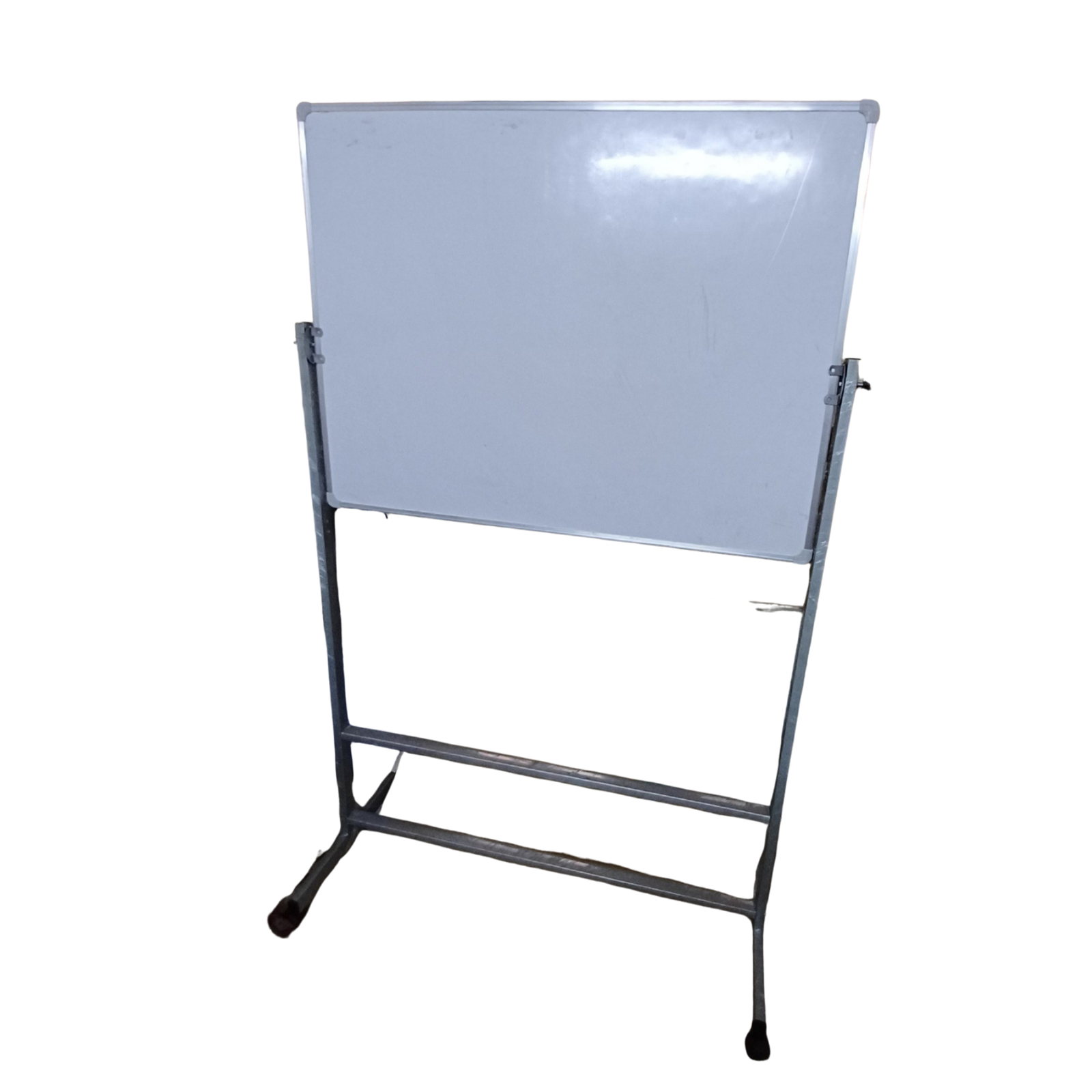 Portable whiteboard with a white writing surface, sturdy black metal frame, and freestanding legs for classrooms, offices, and presentations.