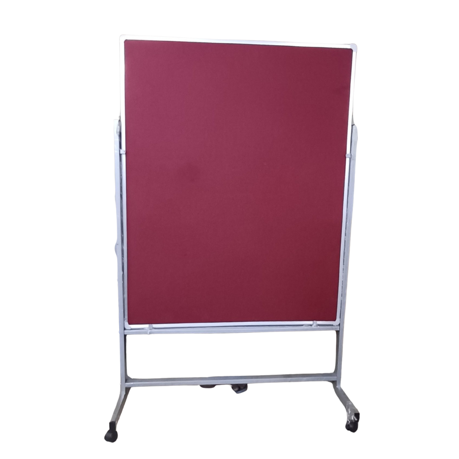 Elite Writing & Display mobile maroon fabric notice board mounted on a metal stand with caster wheels for portable office, classroom, and exhibition displays.