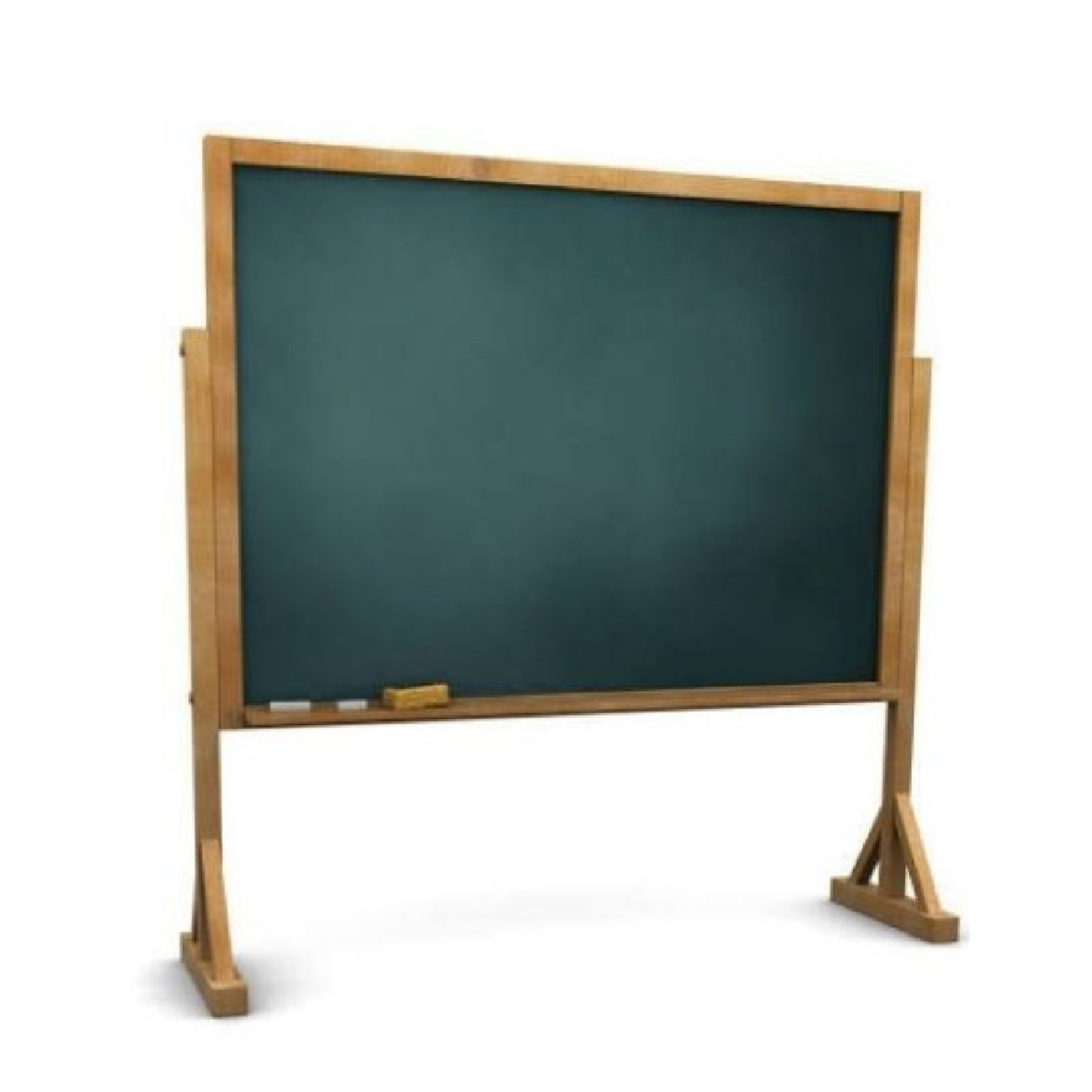 Large freestanding wooden chalkboard with a dark writing surface, natural wood frame, stable legs, and built-in chalk tray.