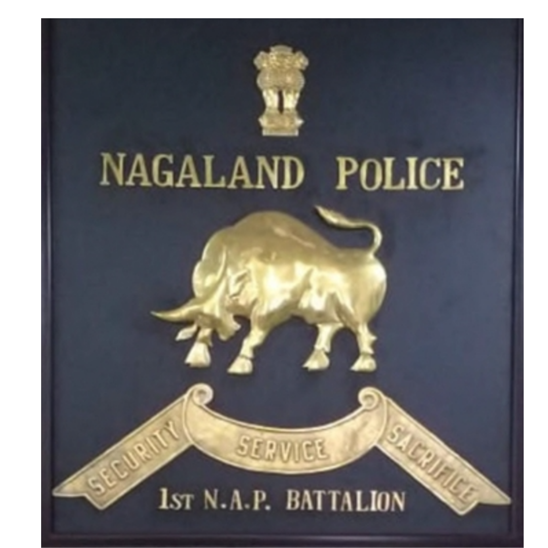 Nagaland Police 1st N.A.P. Battalion emblem plaque with bull insignia and security service sacrifice motto