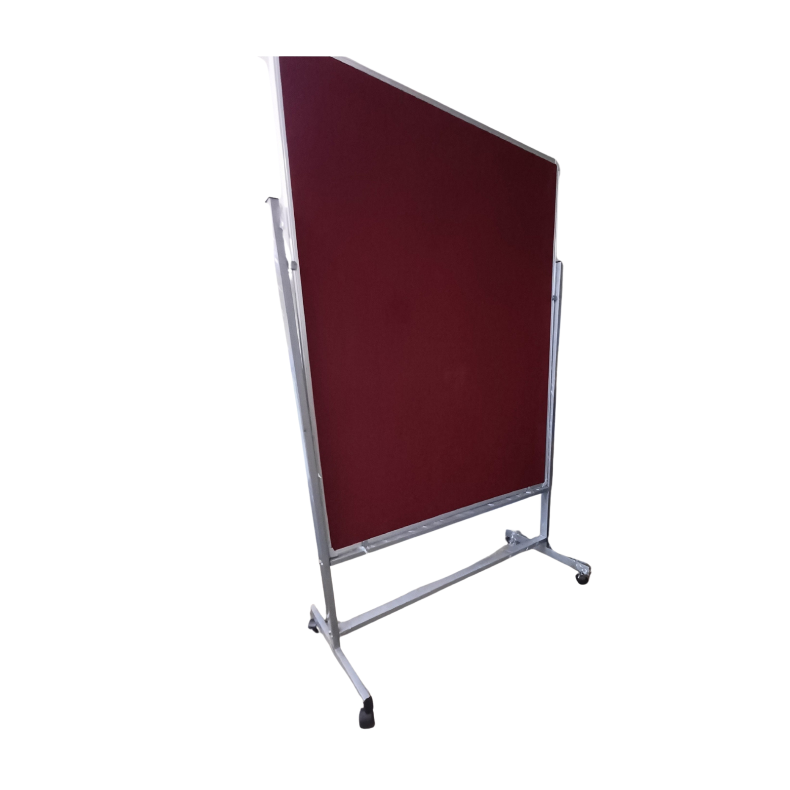 Freestanding red felt display board with a sturdy silver metal frame and stable legs, shown from an angled rear view.