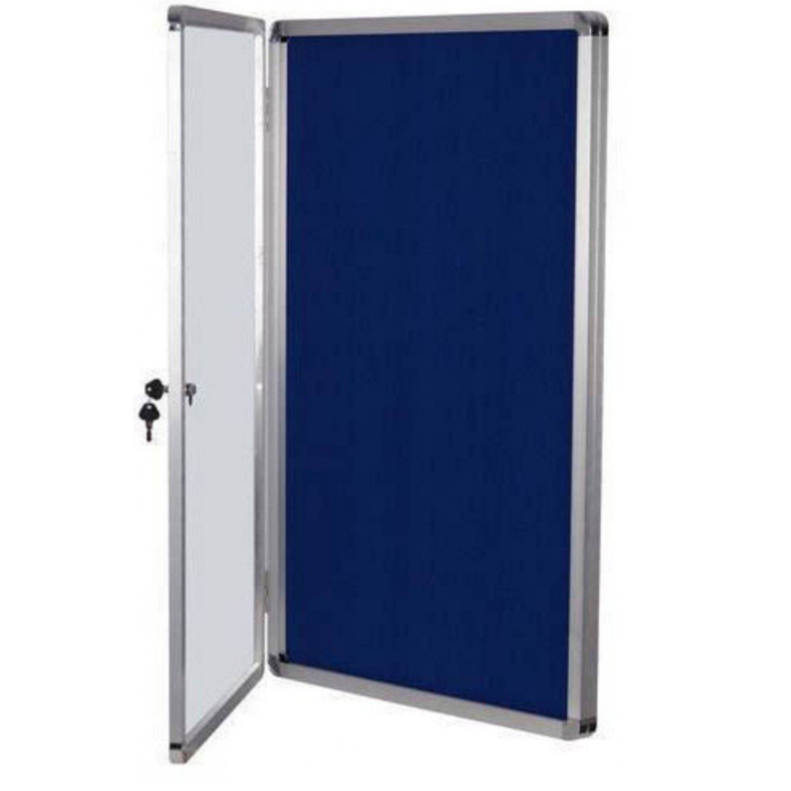 Single door lockable blue fabric notice board with aluminium frame manufactured by Elite Writing & Display for schools, offices, hospitals, colleges, and government organizations.