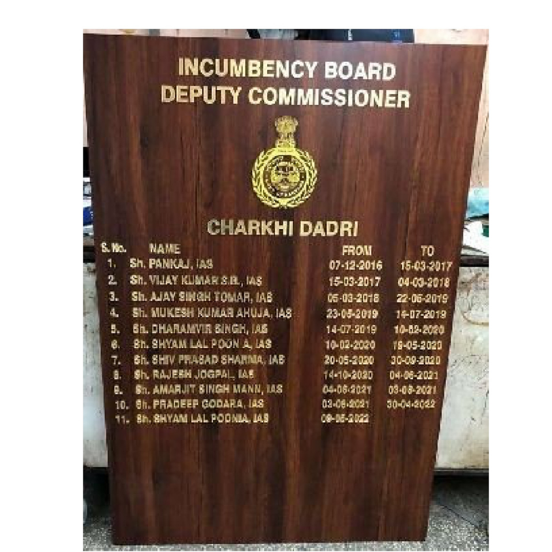 Wooden Deputy Commissioner incumbency board for Charkhi Dadri with officer names and service dates