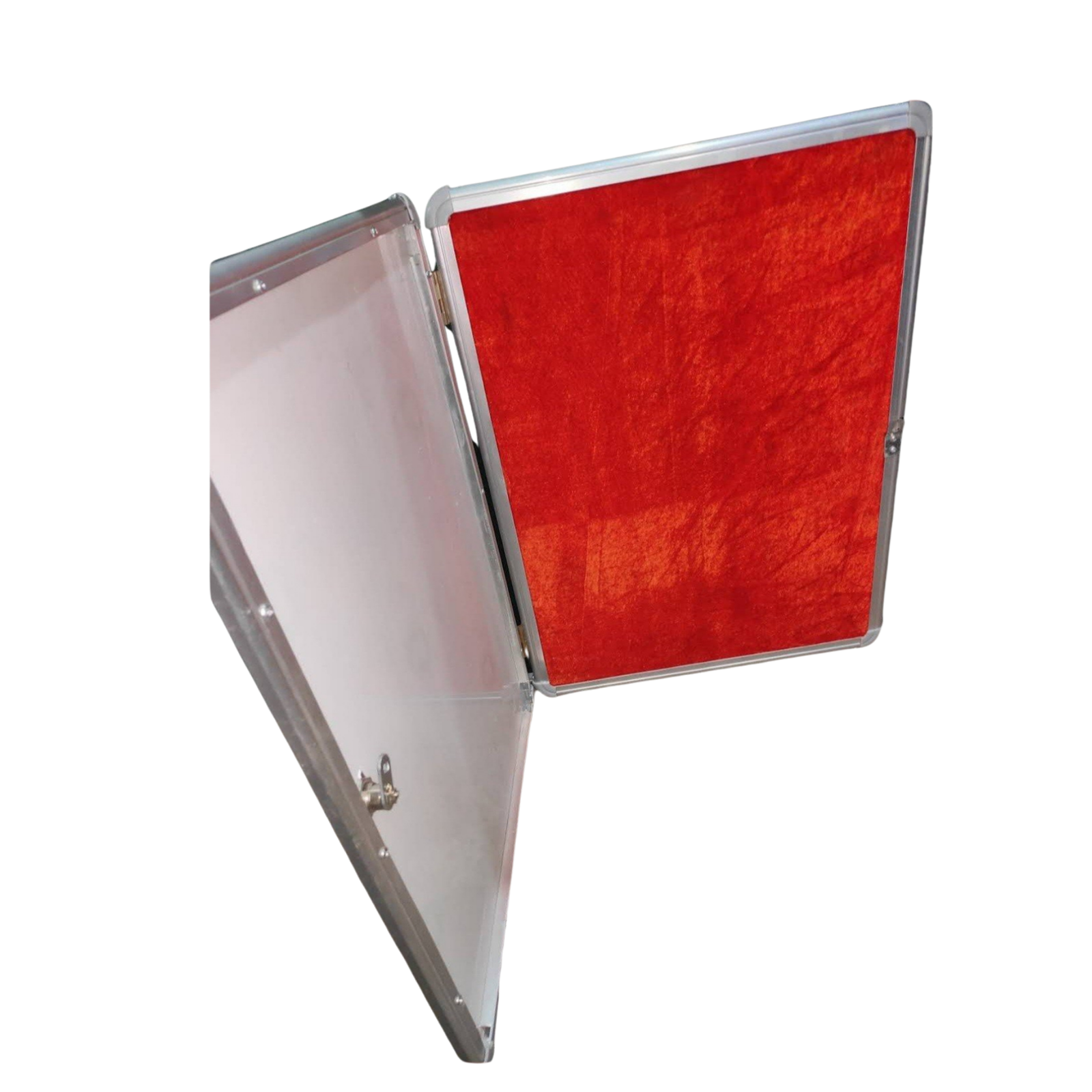 Lockable red fabric notice board with transparent glass door and aluminium frame manufactured by Elite Writing & Display for schools, offices, hospitals, and commercial spaces.