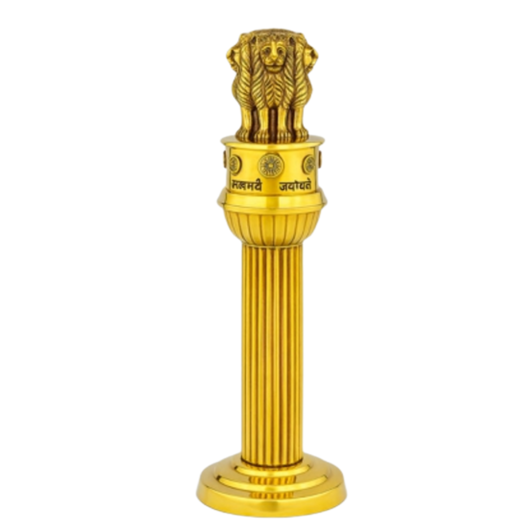 Gold-finish Ashoka Lion Capital mounted on a fluted decorative pillar with Satyamev Jayate inscription